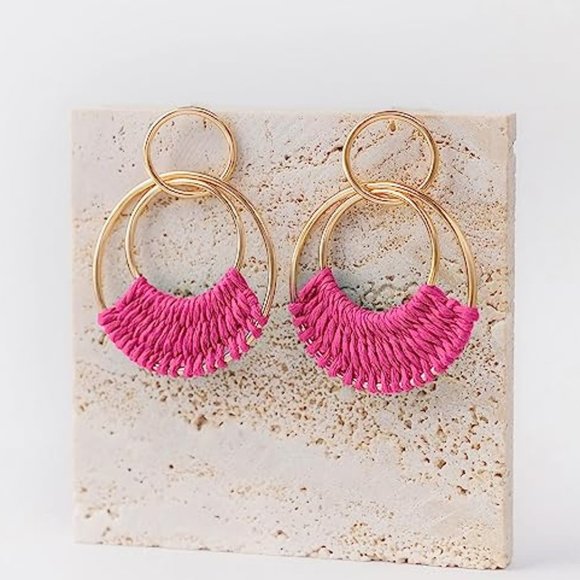 Dark Pink Woven Raffia Gold Hoop Earrings Wicker Hoops Boho Links Post Style New - Picture 3 of 5